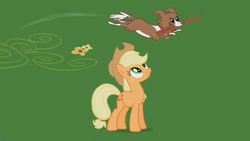 Size: 853x480 | Tagged: safe, screencap, applejack, winona, earth pony, pony, g4, may the best pet win, my little pony: friendship is magic, season 2, duo, female, mare, smiling, stick