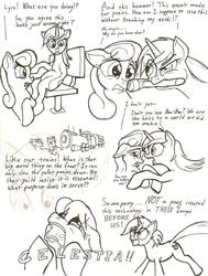 Size: 893x1183 | Tagged: safe, artist:gavalanche, bon bon, lyra heartstrings, sweetie drops, earth pony, pony, unicorn, g4, comic, conspiracy, existential crisis, female, hammer, mare, meme, monochrome, mouth hold, sitting, sitting lyra, train