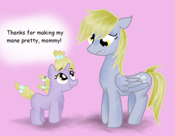 Size: 1672x1304 | Tagged: safe, artist:brookedaninja, derpy hooves, dinky hooves, pegasus, pony, unicorn, g4, alternate hairstyle, duo, female, filly, mare