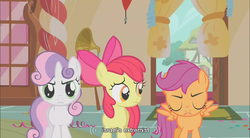 Size: 856x471 | Tagged: safe, edit, edited screencap, screencap, apple bloom, scootaloo, sweetie belle, earth pony, pegasus, pony, unicorn, call of the cutie, g4, caption, cutie mark crusaders, female, filly, sugarcube corner, youtube caption