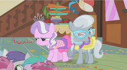 Size: 853x473 | Tagged: safe, screencap, diamond tiara, silver spoon, tornado bolt, earth pony, pony, call of the cutie, g4, season 1, female, filly, god, sugarcube corner, youtube caption