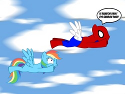 Size: 1005x754 | Tagged: artist needed, safe, rainbow dash, pegasus, pony, g4, duo, female, flying, male, mare, sky, spider-man