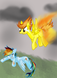 Size: 1430x1928 | Tagged: safe, artist:brookedaninja, rainbow dash, spitfire, pegasus, pony, g4, duo, female, injured, mare