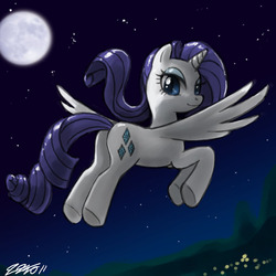 Size: 900x900 | Tagged: safe, artist:johnjoseco, rarity, alicorn, pony, g4, alicornified, bedroom eyes, butt, female, flying, looking at you, looking back, mare, moon, night, plot, race swap, raricorn, rearity, sky, smiling, solo, spread wings, stars