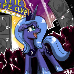 Size: 900x900 | Tagged: safe, artist:johnjoseco, princess luna, alicorn, pony, g4, colored, crowd, crying, disco, female, floppy ears, happy, mare, nightclub, party, s1 luna, speaker, tears of joy