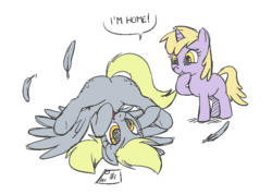 Size: 718x511 | Tagged: artist needed, safe, derpy hooves, dinky hooves, pegasus, pony, unicorn, g4, butt, crash, delivery, feather, featureless crotch, female, filly, mail, mare, plot, scrunchy face, upside down