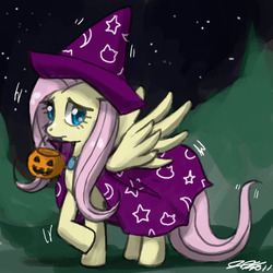 Size: 900x900 | Tagged: safe, artist:johnjoseco, fluttershy, pegasus, pony, g4, cape, clothes, costume, female, hat, mare, mouth hold, night, nightmare night, shivering, solo, witch hat