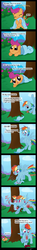 Size: 800x5340 | Tagged: dead source, safe, artist:gavalanche, rainbow dash, scootaloo, pegasus, pony, g4, bait and switch, clothes, comic, comic sans, cute, dark comedy, duo, feather, female, filly, fruit, juice, mare, mouth hold, not blood, pomegranate, sock fetish, sock filly, socks, sproing, stalkerloo, wingboner