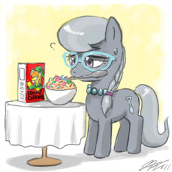 Size: 900x900 | Tagged: safe, artist:johnjoseco, silver spoon, earth pony, pony, g4, cereal, female, filly, glasses, horse problems, mouth hold, solo, spoon