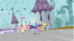 Size: 853x480 | Tagged: safe, screencap, applejack, fluttershy, pinkie pie, rainbow dash, rarity, twilight sparkle, changeling, earth pony, pegasus, pony, unicorn, a canterlot wedding, g4, season 2, animated, canterlot, chase, female, flag, flying, frown, gif, mane six, mare, running, spread wings, wings