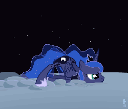 Size: 420x360 | Tagged: safe, artist:vapgames, princess luna, alicorn, pony, g4, animated, bored, crawling, cutie mark, dumb running ponies, face down ass up, female, frown, gif, glare, horn, jewelry, mare, moon, profile, regalia, scootie belle, scooting, signature, sky, solo, space, stars, tiara, wings