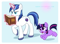 Size: 700x515 | Tagged: safe, artist:arcuate, shining armor, twilight sparkle, pony, unicorn, g4, blank flank, book, brother and sister, duo, female, filly, filly twilight sparkle, foal, male, reading, siblings, teenage shining armor, teenager, younger