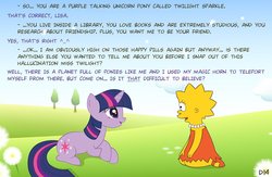 Size: 1106x723 | Tagged: safe, artist:darkseacher14, twilight sparkle, pony, unicorn, g4, crossover, duo, eye contact, female, lisa simpson, looking at each other, male, mare, prone, the simpsons