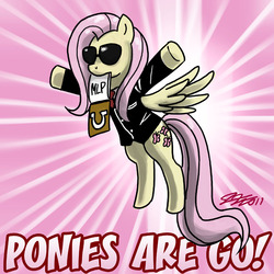 Size: 900x900 | Tagged: safe, artist:johnjoseco, fluttershy, pegasus, pony, g4, abstract background, clothes, elite beat agents, female, flying, mare, mouth hold, parody, rhythm game, solo, sunglasses