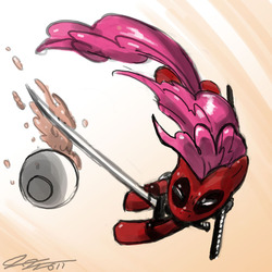 Size: 900x900 | Tagged: safe, artist:johnjoseco, pinkie pie, earth pony, pony, g4, clothes, cosplay, costume, crossover, deadpool, female, food, mare, marvel, mouth hold, oatmeal, oats, pinkiepool, solo, sword, weapon