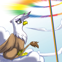 Size: 900x900 | Tagged: safe, artist:johnjoseco, gilda, griffon, g4, cloud, female, sitting, solo, sonic rainboom