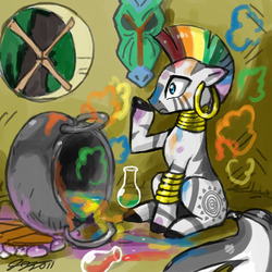 Size: 900x900 | Tagged: safe, artist:johnjoseco, zecora, pony, zebra, g4, cauldron, cute, female, fruit stripe, mare, sitting, solo, zecora's hut, zecorable