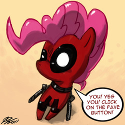 Size: 900x900 | Tagged: safe, artist:johnjoseco, pinkie pie, earth pony, pony, g4, clothes, cosplay, costume, crossover, deadpool, female, fourth wall, mare, marvel, pinkiepool, solo, speech bubble