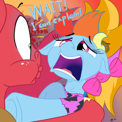 Size: 1280x1280 | Tagged: safe, artist:gavalanche, big macintosh, rainbow dash, turf, earth pony, pegasus, pony, g4, putting your hoof down, clothes, cuckolding, disguise, double life, female, floppy ears, i can explain, imminent kissing, kissing, male, mare, rainbow dash always dresses in style, ship:rainbowmac, shipping, stallion, straight
