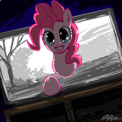 Size: 2400x2400 | Tagged: safe, artist:johnjoseco, pinkie pie, earth pony, pony, g4, breaking the fourth wall, dutch angle, female, fourth wall, high res, looking at you, mare, smiling, solo, television, the ring, well