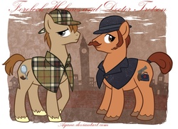 Size: 800x581 | Tagged: safe, artist:arcuate, earth pony, pony, big ben, clothes, deerstalker, duo, duo male, hat, john watson, male, ponified, sherlock holmes, stallion