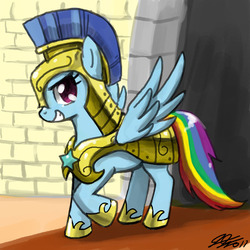 Size: 900x900 | Tagged: safe, artist:johnjoseco, rainbow dash, pegasus, pony, g4, armor, female, grin, guardsmare, mare, royal guard armor, smiling, solo