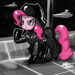 Size: 900x900 | Tagged: safe, artist:johnjoseco, pinkie pie, earth pony, pony, g4, crossover, darth pinkie, darth vader, female, glare, mare, raised hoof, reference, smiling, smirk, solo, space, spaceship, star destroyer, star wars