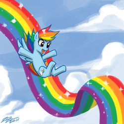 Size: 900x900 | Tagged: safe, artist:johnjoseco, rainbow dash, pegasus, pony, g4, cloud, female, mare, open mouth, open smile, rainbow, sky, sliding, smiling, solo