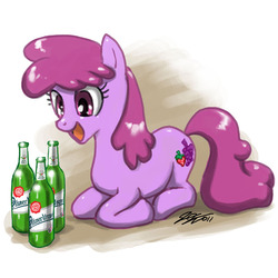 Size: 900x900 | Tagged: safe, artist:johnjoseco, berry punch, berryshine, earth pony, pony, g4, alcohol, beer, blackletter, bottle, drink, female, happy, mare, prone, solo, that pony sure does love alcohol