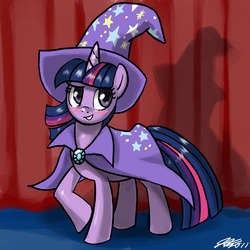 Size: 900x900 | Tagged: safe, artist:johnjoseco, twilight sparkle, pony, unicorn, g4, accessory swap, blushing, curtains, female, mare, solo, stage, the great and powerful, the great and powerful twilight, trixie's cape, trixie's hat