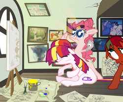 Size: 900x741 | Tagged: artist needed, safe, pinkie pie, toola-roola, oc, earth pony, pony, g3, g4, easel, female, mare