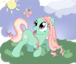 Size: 509x431 | Tagged: safe, artist:celerypony, minty, butterfly, earth pony, pony, g3, g4, female, g3 to g4, generation leap, mare, smiling, solo