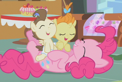 Size: 525x350 | Tagged: safe, screencap, pinkie pie, pound cake, pumpkin cake, earth pony, pegasus, pony, unicorn, baby cakes, g4, season 2, baby, baby pony, cake twins, colt, cropped, cute, diaper, diapered, diapinkes, eyes closed, female, filly, foal, male, mare, on back, playful, poundabetes, pumpkinbetes, sugarcube corner, white diapers