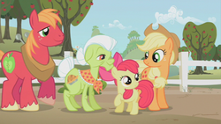 Size: 800x450 | Tagged: safe, screencap, apple bloom, applejack, big macintosh, granny smith, earth pony, pony, family appreciation day, g4, season 2, apple bloom's bow, apple siblings, apple sisters, applejack's hat, big macintosh's yoke, bow, braid, brother and sister, clothes, cowboy hat, female, filly, foal, granny smith's shawl, hair bow, hat, horse collar, male, mare, scarf, siblings, sisters, stallion, yoke