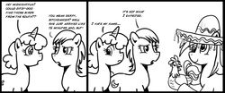 Size: 1000x414 | Tagged: safe, artist:madmax, derpy hooves, oc, oc:bitchdancer, oc:midnight fun, bird, chicken, earth pony, pegasus, pony, unicorn, g4, comic, female, mare, monochrome, sombrero, went north to get the southern birds