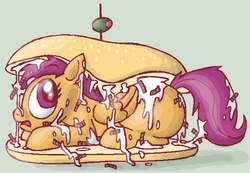 Size: 628x435 | Tagged: safe, artist:secretgoombaman12345, scootaloo, chicken, pegasus, pony, g4, female, filly, food, horse meat, implied vore, mayonnaise, meat, meme, prone, sandwich, sauce, scootaburger, scootachicken, solo