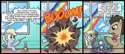 Size: 1500x656 | Tagged: safe, artist:madmax, derpy hooves, doctor whooves, time turner, earth pony, pegasus, pony, g4, the cutie mark chronicles, angry, bowtie, broken glass, bubble, charred, cloud, comic, derp, dialogue, doctor whooves is not amused, explosion, female, filly, fire, glass, implied time travel, male, origins, rainbow trail, science, sonic rainboom, sparkles, speech bubble, spread wings, stallion, test tube, text, the doctor, window, wings, young