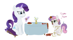 Size: 1200x661 | Tagged: safe, artist:lowkey, rarity, sweetie belle, pony, unicorn, g4, ball, colored, cushion, dinner, dumb fabric, duo, female, filly, food, horn, horn guard, horn impalement, hornball, magic, mare, meatball, mess, messy, messy eating, pasta, ponies eating meat, rarity is not amused, simple background, sitting, spaghetti, sweetie fail, sweetiedumb, transparent background, unamused