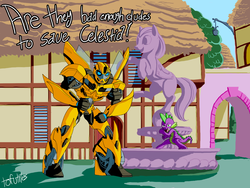 Size: 2400x1805 | Tagged: safe, artist:tofutiles, spike, dragon, g4, bad dudes, bumblebee (transformers), crossover, male, parody, transformers, transformers prime