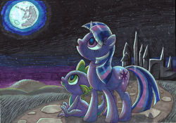 Size: 1500x1052 | Tagged: safe, artist:dawnmistpony, spike, twilight sparkle, dragon, pony, unicorn, g4, duo, female, looking up, male, mare, mare in the moon, moon, night, traditional art, unicorn twilight