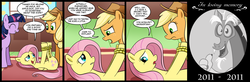 Size: 2000x656 | Tagged: safe, artist:madmax, applejack, discord, fluttershy, twilight sparkle, earth pony, pegasus, pony, unicorn, g4, bondage, comic, dialogue, female, fluttershy's cottage, fluttershy's cottage (interior), helpless, mare, on back, smiling, tied up, weak, wimp