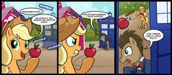 Size: 1500x656 | Tagged: safe, artist:madmax, applejack, doctor whooves, time turner, earth pony, pony, g4, apple, comic, crossover, duo, eleventh doctor, female, male, mare, ponified, stallion, tardis, the doctor