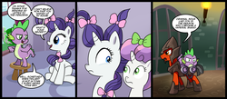 Size: 1500x656 | Tagged: safe, artist:madmax, rarity, spike, sweetie belle, dragon, pony, unicorn, g4, arrested, bow, carrying, comic, cuffs, female, filly, guard, imperial guard, male, manacles, mare, shocked, stalker