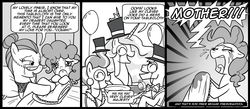 Size: 1500x656 | Tagged: dead source, safe, artist:madmax, carrot cake, cloudy quartz, cup cake, pinkie pie, princess celestia, alicorn, earth pony, pony, g4, bed, comic, deadpool, deathbed, female, hat, male, mare, monochrome, monocle, princess, stallion, tablecloth, top hat