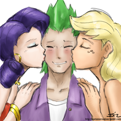 Size: 850x850 | Tagged: safe, artist:johnjoseco, artist:michos, applejack, rarity, spike, human, g4, belly dancer, blushing, cheek kiss, class, eyes closed, female, humanized, kiss sandwich, kissing, lucky bastard, male, ship:applespike, ship:sparijack, ship:sparity, shipping, spike gets all the mares, spikelove, straight