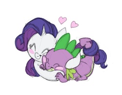 Size: 641x500 | Tagged: safe, artist:carnifex, rarity, spike, dragon, pony, unicorn, g4, baby, baby dragon, blush sticker, blushing, cuddling, curly tail, cute, eyes closed, female, heart, horn, hug, interspecies, intertwined tails, male, mare, on side, prone, raribetes, ship:sparity, shipping, simple background, smiling, snuggling, spikabetes, spikelove, straight, white background