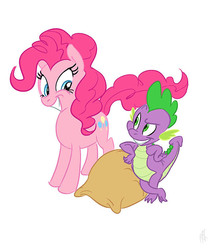 Size: 602x700 | Tagged: safe, artist:carnifex, pinkie pie, spike, dragon, earth pony, pony, g4, female, grin, male, mare, sack, simple background, smiling, white background
