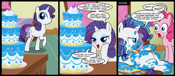 Size: 1500x656 | Tagged: safe, artist:madmax, pinkie pie, rarity, earth pony, pony, unicorn, g4, abdominal bulge, bedroom eyes, before and after, belly, big belly, bloated, cake, comic, duo, eating, female, food, food baby, gilligan cut, kitchen eyes, mare, messy, messy eating, out of character, overeating, round belly, stuffed, stuffed belly, stuffing, that pony sure does love cakes