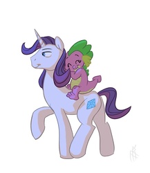 Size: 660x760 | Tagged: safe, artist:carnifex, rarity, spike, dragon, pony, unicorn, g4, baby, baby dragon, barb, barbabetes, cute, dragoness, dragons riding ponies, elusive, elusweet, eyes closed, female, male, riding, rule 63, rule63betes, ship:barlusive, ship:sparity, shipping, signature, simple background, smiling, spike riding rarity, stallion, walking, white background