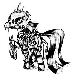 Size: 866x916 | Tagged: safe, artist:madhotaru, zecora, pony, zebra, g4, black and white, bone, butt, female, grayscale, mare, monochrome, plot, raised hoof, simple background, skeleton, skull, solo, underhoof, wearing bones, white background